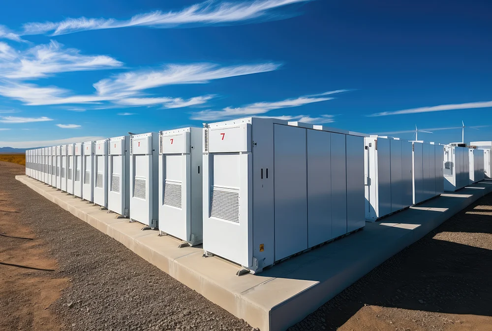 Renewable energy infrastructure with solar panels and wind turbines